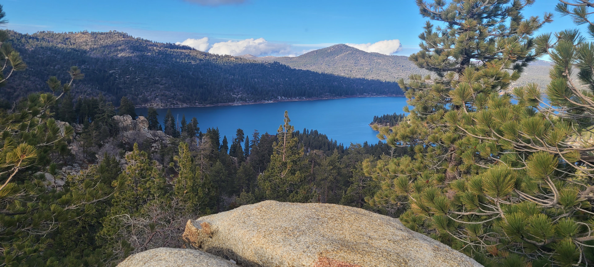 Big Bear Lake from a snowy ridge above the pine forest