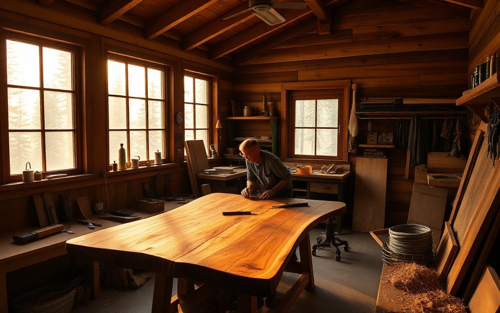 Brad's Backcountry Woodshop workshop interior with a live-edge table in warm afternoon light