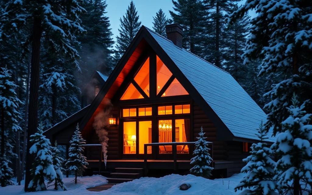 A-frame cabin glowing in a snowy pine forest at dusk