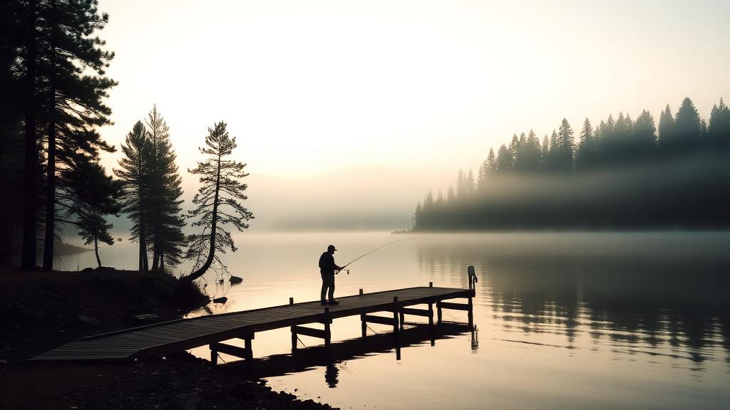 A fisherman casting from a dock on misty Big Bear Lake at dawn